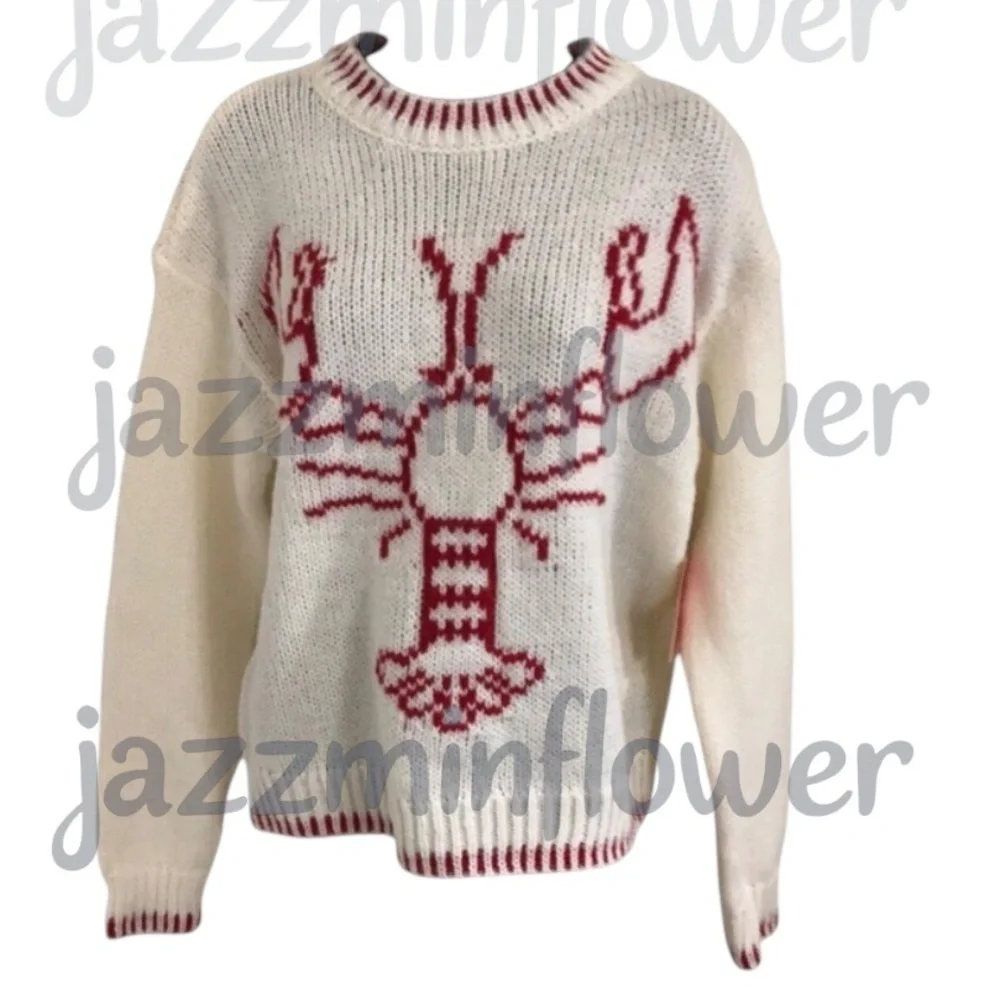 offwhite red whipstitch style lobster print crochet knit sweater size medium new